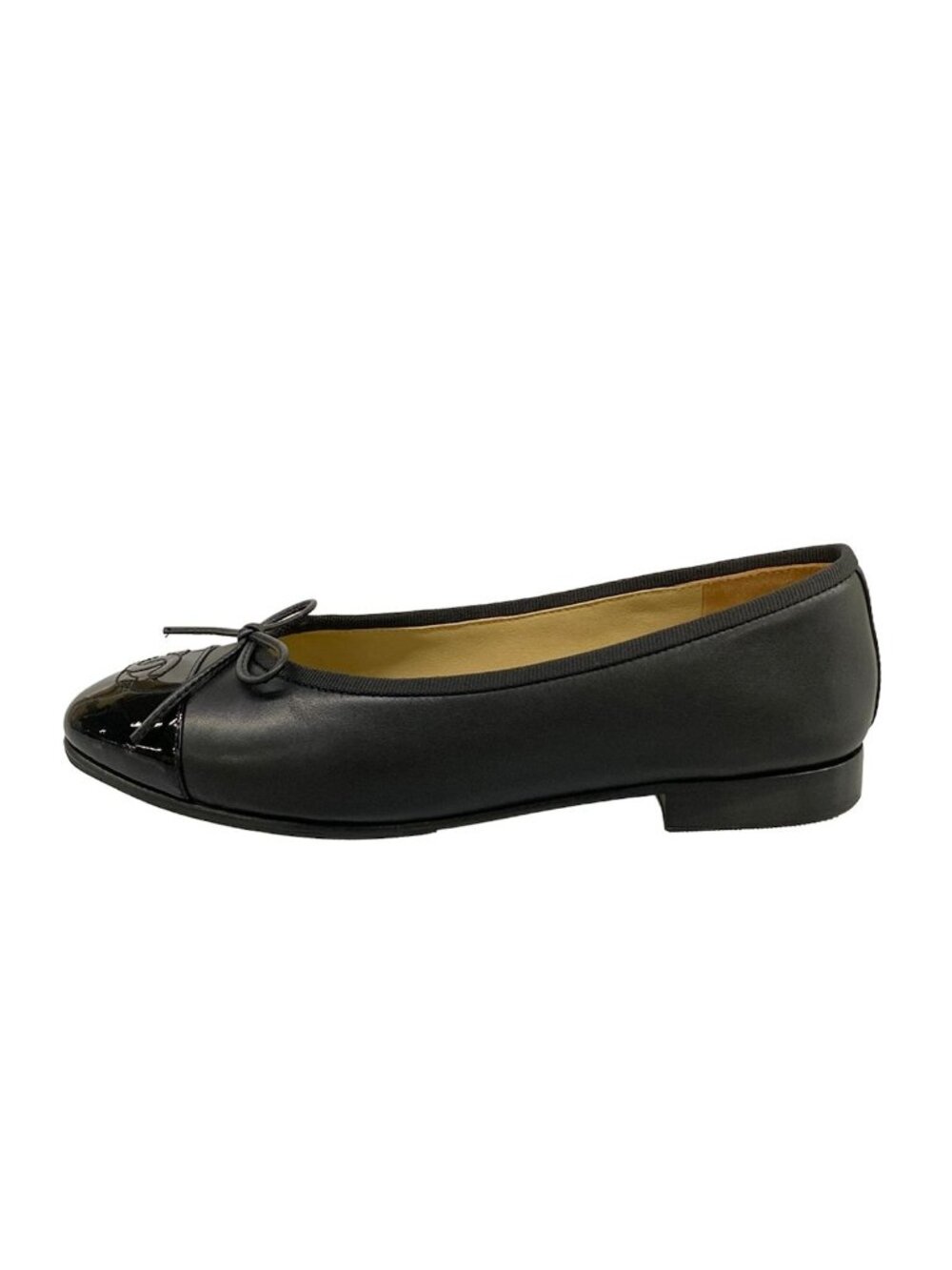 Chanel Flat Shoes 37.5 C Black CC Logo Ribbon Leather Lambskin